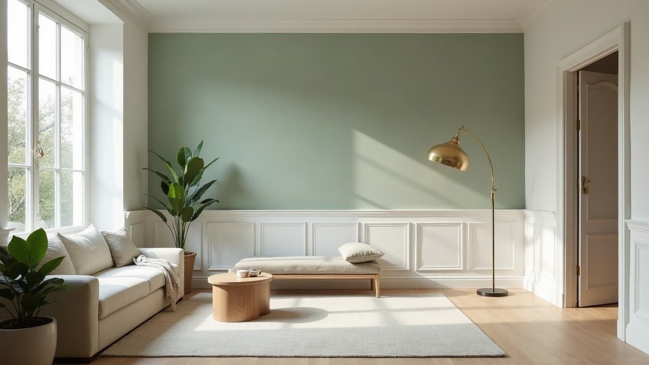 Séjour entièrement repeint, mur d'accent vert amande sur soubassement laqué blanc, sol chêne clair